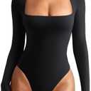 REORIA Women's Basic Lightweight Layering Sexy Slim Square Neck Long Sleeve Bodysuit Tops, Size 2X
