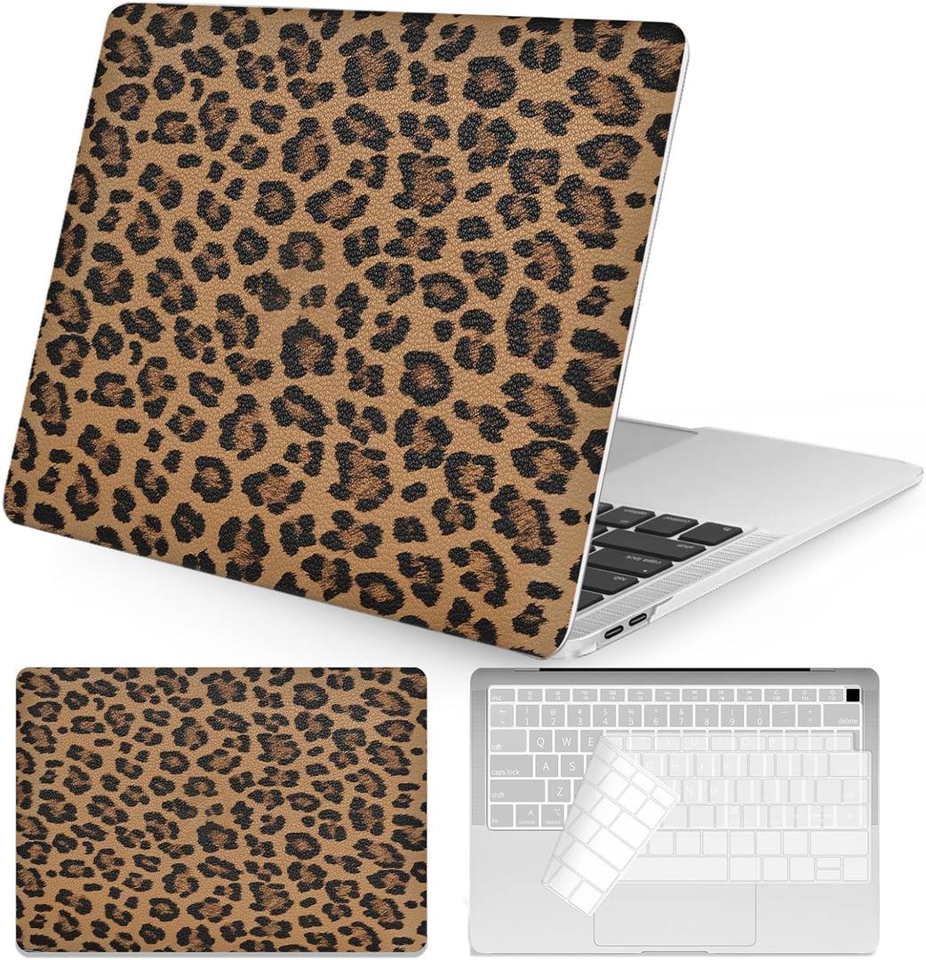 Seorsok Compatible with MacBook Air 13 Inch Case 2022 2021 2020-2018 Release A1932 A2179 M1 A2337,Elegant Leopard Grain Leather Plastic Hard Shell Case with Keyboard Cover,Brown