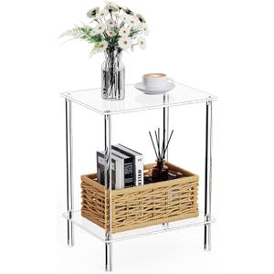Clear Acrylic Side Table, 2-Tier End Table for Living Room, Small Modern Bedside Tables Nightstand for Bedroom, Home Decor Accent Table, 15.7" L x 11.8" W x 19.82" H, Clear