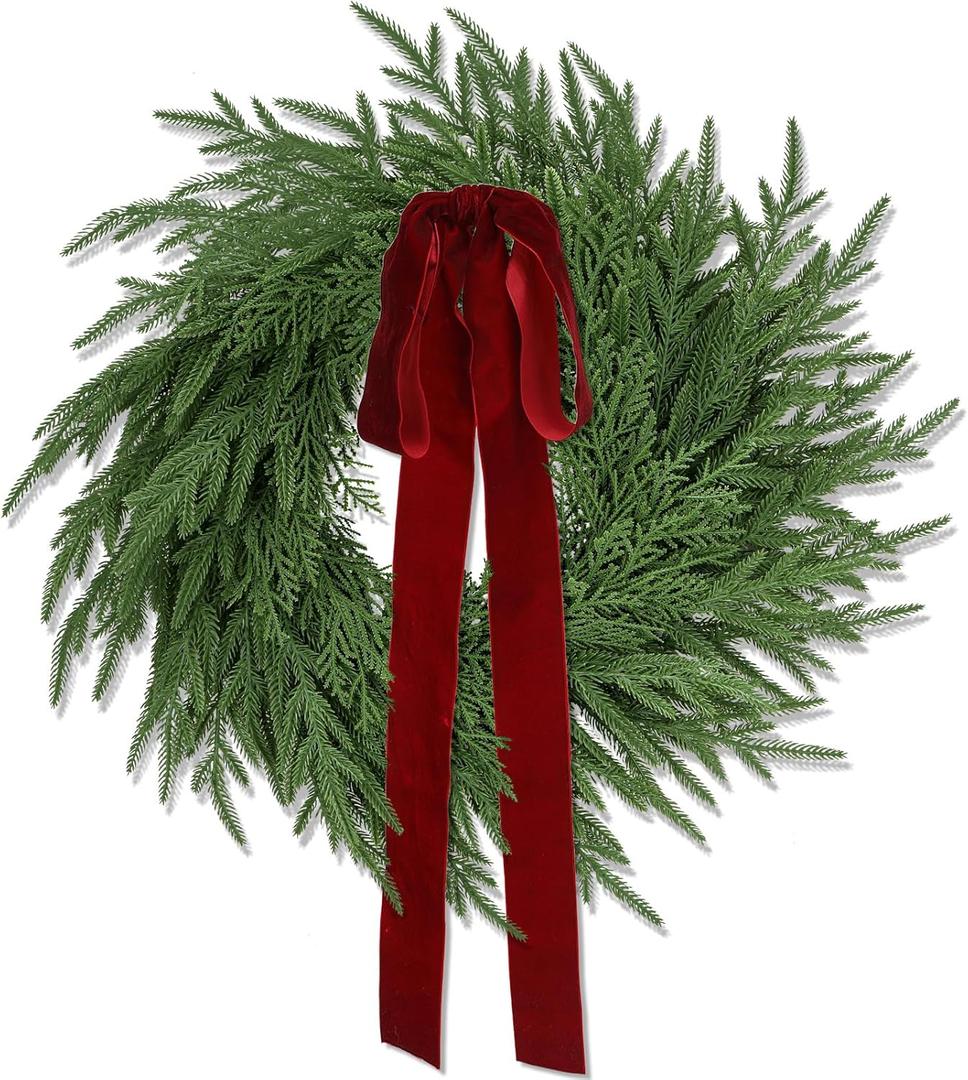 Artificial Norfolk Pine & Cedar Christmas Wreath with Velvet Bow  Real Touch Faux Greenery Holiday Front Door Decoration for Indoor Outdoor Use