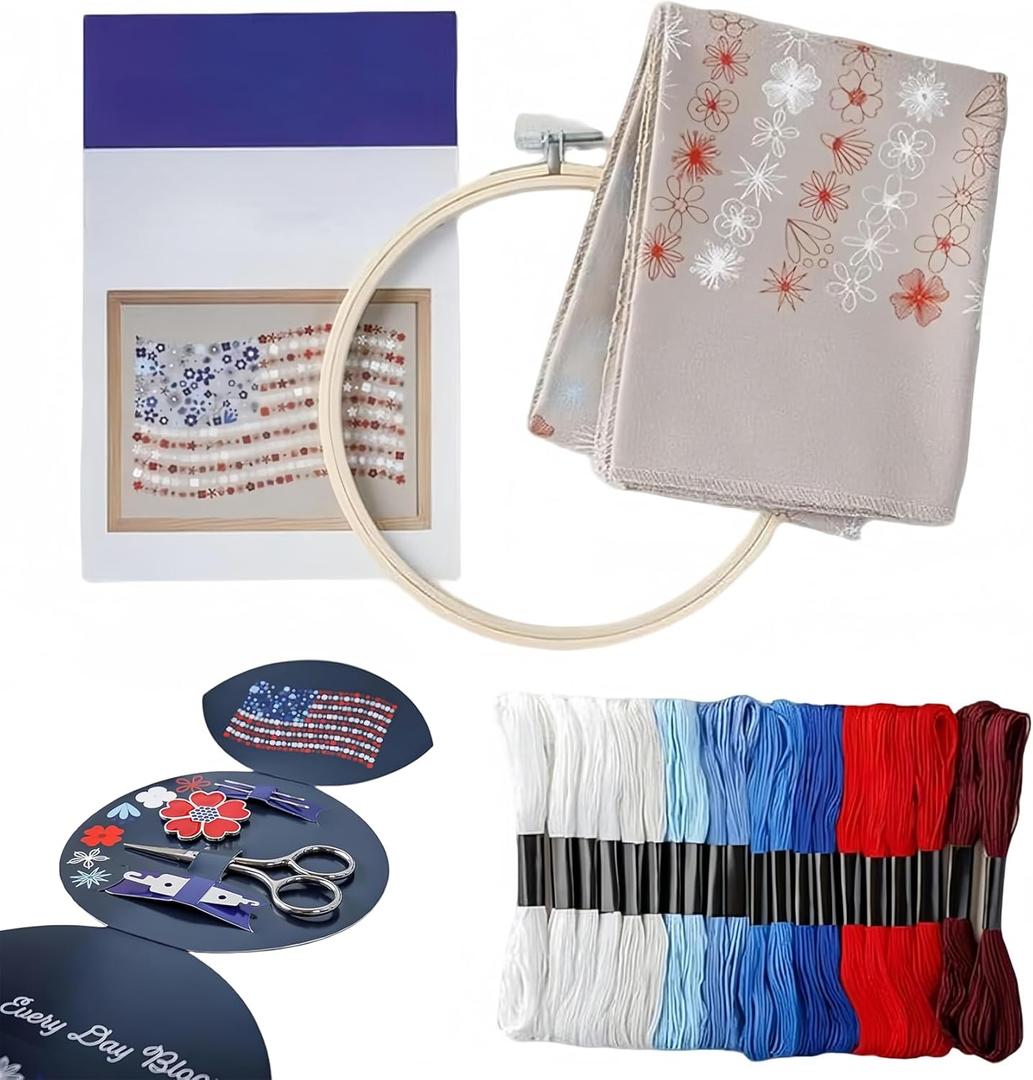 Red White & Bloom Embroidery Kit, US 250th Anniversary 365-Day Floral American Flag Cross Stitch Set for Beginners Adults, Veterans, Patriotic Craft Gift
