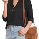 Dimur Womens Tops 3/4 Sleeve V Neck Button Down Shirts Business Casual Outfits Basic Tees Summer Top 2026 (Medium, Black)