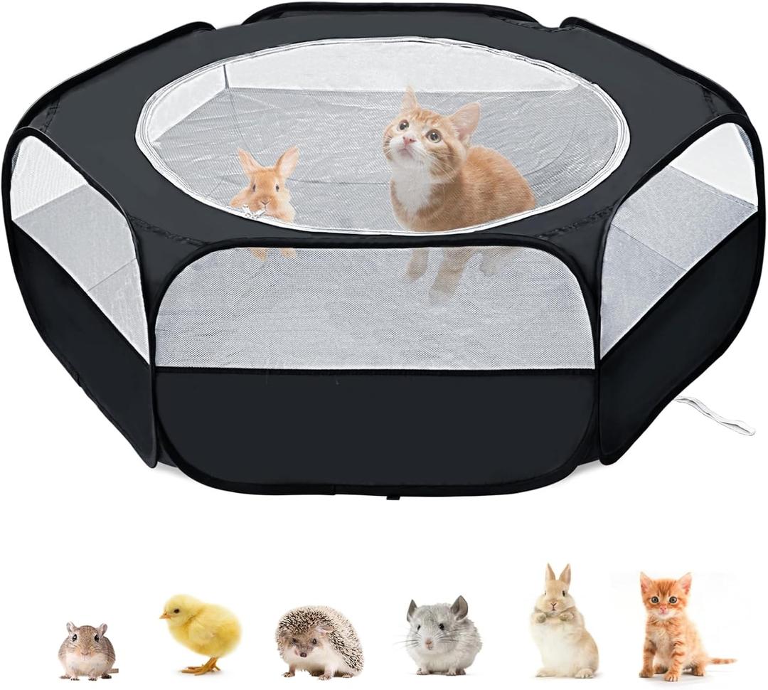 XIRGS Small Animal Playpen, Pet Playpen for Cat/Rabbit/Hamster/Guinea Pig/Bunny/Ferret/Kitten Toys Chick Brooder Box Cage Tent Pop Up Play Pen with Cover, Portable Play Yard Indoor Outdoor Waterproof (Black)