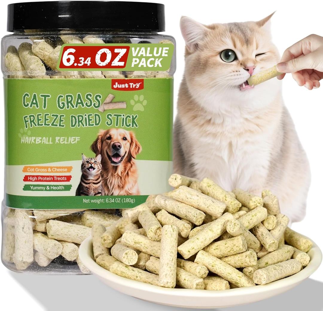 Just Try 6.34OZ Cat Treats, Freeze Dried Cat Grass Teething Stick,Healthy Training Treats Food Topper,Hairball Control Teeth Cleaning Dental Treats for Indoor Cats (EXP 04/13/27)
