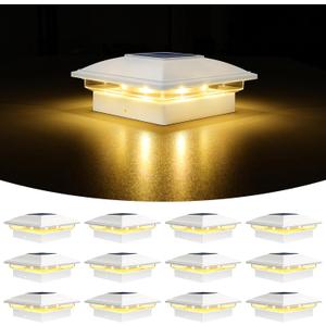 VOLISUN Solar Post Cap Light Outdoor Waterproof 12pack,Solar Fence - Post Lights for 4x4 5x5 6x6 Wooden/Vinyl Post,White Deck Cap Light Solar Powered with Warm White for Garden/Patio/Porch, Off-White, 12 Pack