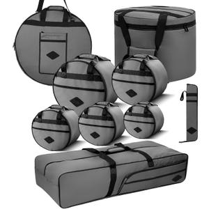 9-Piece Professional Drum Bag Set, Vintage Slub Cotton Padded Drum Case for 10/12/13" Toms, 14" Snare, 16" Floor Tom, 22x18" Bass Drum, Includes 24" Cymbal Bag, Hardware & Stick Bags(Grey)