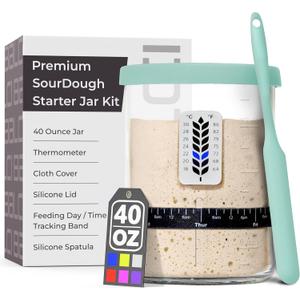 Premium Sourdough Starter Jar - 40oz Large Sourdough Jar with Marked Feeding Band, Thermometer, Scraper, Cloth Cover and Silicone Lid/Base, Wide Mouth Starter Kit - Mint (40oz (1 Pack))