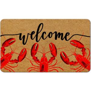 Coastal Beach Red Lobster Welcome Mat, Beachy Ocean Nautical Faux Coir Door Mat Doormat for Front Door Indoor Outdoor Porch Entrance Entryway Outside Inside, 17x30 Inches