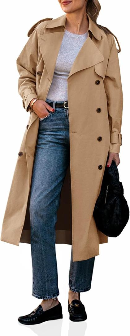 Cicy Bell Womens Long Trench Coat Double Breasted Classic Lapel Fall Overcoat with Belt (Small, Khaki)