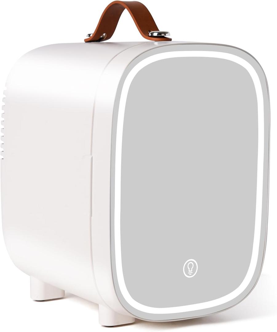 Mini Fridge for Bedroom, 4 Liter/6 Can Skincare Fridge With LED Mirror,12v AC/DC Cooler & Warmer Portable Small Refrigerator for Drinks, Makeup, Dorm, Office and Car(White)