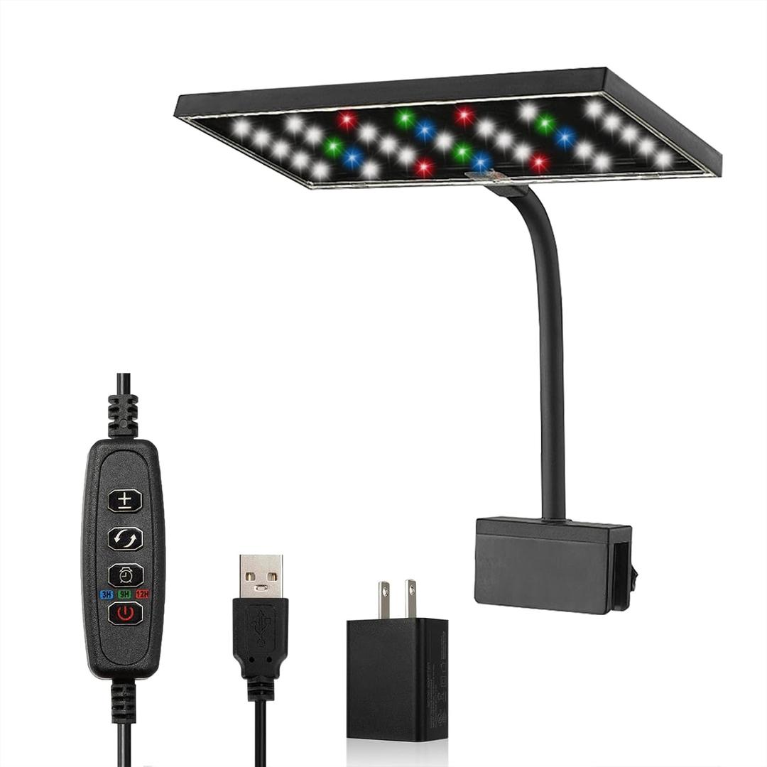 Carefree Fish Aquarium LED Light USB 5V RGBW 5730 Timmer 5~10Gal Fish Tank Clip Light for Rimless Tank 10 Brightness Levels 8W with USB Port (Include Power Adapter)