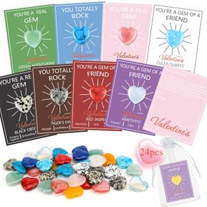 24 Pack Valentines Day Gifts for Kids, Valentines Day Cards with Heart-Shaped Crystal Gemstones for School Classroom Exchange, Valentine Party Favors&Goody Bag Fillers for Girls and Boys Ages 4-12