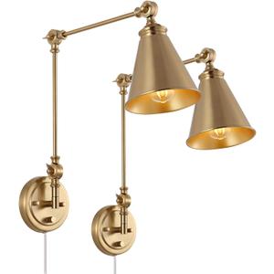 WINGBO Farmhouse Swing Arm Wall Sconce Set of 2, Industrial Adjustable Wall Lamp Light Fixture for Living Room Bedroom Vanity Study Desk Office, Plug in or Hardwired, Brass