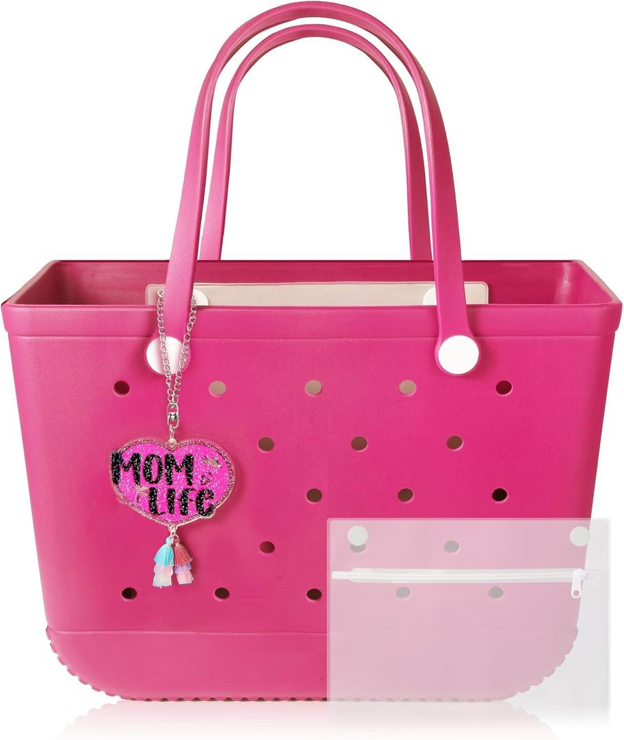 X-Large Beach Rubber Tote Bag with Accessories Charms and Insert Waterproof Pouch, Women Multipurpose Lightweight Washable Original Handbag for Outdoor Activities, Modern Travel Sports