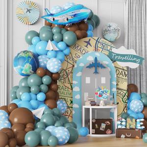 PageebO Travel Themed Party Balloon Arch Kit 131pcs Dusty Blue Coffee Balloon with Globe Plane Aluminium Balloon for Time Flies 1st Birthday Party Retirement Farewell Party Decorations