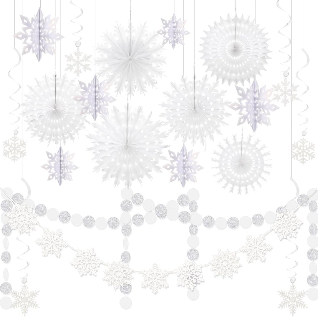 21 Pcs Winter Hanging Snowflake Decorations Pre-Strung Snowflake Garland Paper Banner Swirls Paper Fans for Wonderland Party Christmas Birthday Decor(White)