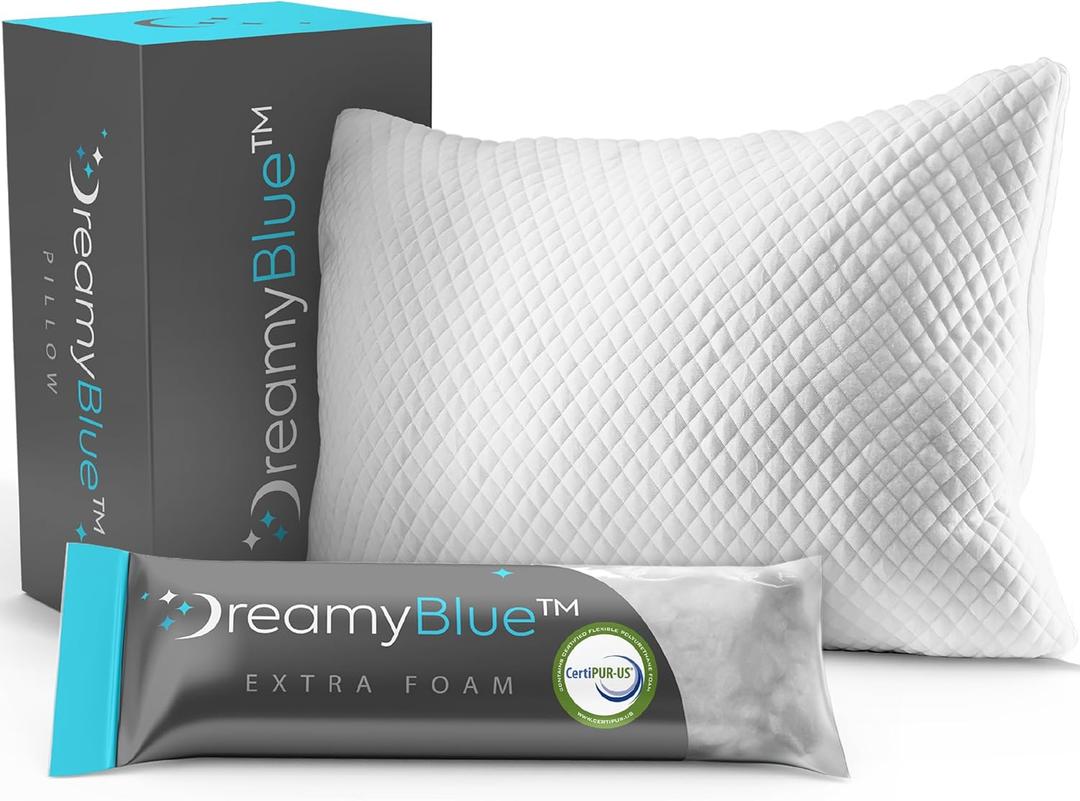 DreamyBlue Signature Pillow w/Adjustable Loft Shredded Memory Foam Fill Neutral Alignment for Side, Back, and Stomach Sleepers Washable Bamboo Rayon Cover CertiPUR-US Certified Foam (King) (King (Pack of 1)