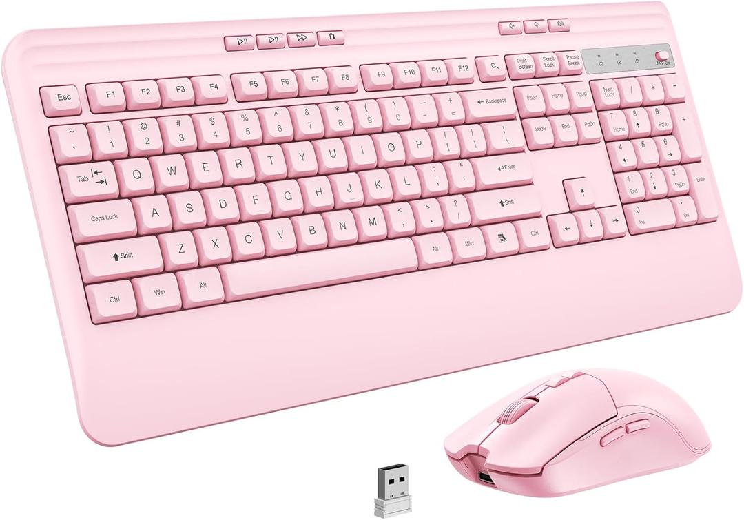 KOPJIPPOM Wireless Keyboard and Mouse Set with Quiet Keys, 2.4G Full Size Ergonomic Keyboard with Wrist Rest, Protective Covers, Soft Touch Silent Design for Windows, Computer, PC and Laptop