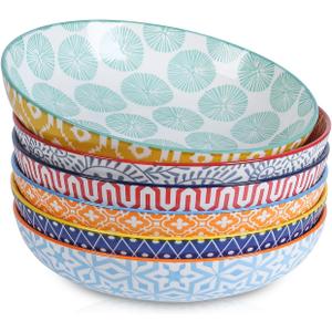 Selamica Ceramic Pasta Bowls Set 34 OZ, Large Salad & Dinner Bowls 8.6 Inch, Wide Shallow & Deep Plates for Pasta Soup, Microwave & Dishwasher Safe, Set of 6, Assorted Colors