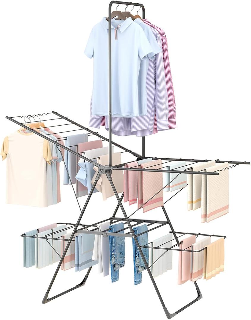 Bigzzia Clothes Drying Rack Foldable, 3-Level Large Laundry Drying Rack Collapsible, Stainless Steel Drying Rack Clothing for Indoor Outdoor, Easy to Fold, Drying Rails 68.9" H, Gray