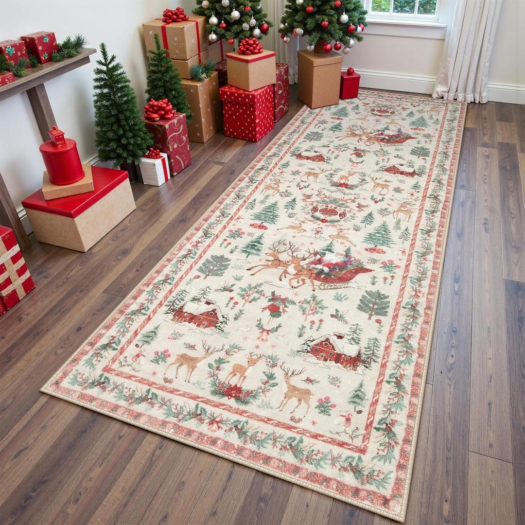 Lahome Christmas Runner Rug 2x8 Beige Rug Runners for Hallways Non Slip,Washable Kitchen Bathroom Runner Rug,Soft Christmas Tree Santa Claus Carpet Runner for Entryway Holiday Decor (2'x8',Beige)
