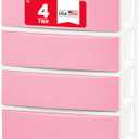 IRIS USA Plastic Drawer Storage Organizer, 4-Drawers, for Art Supplies Bathroom Dorm Bedroom Laundry Room, Wide, White Frame with Matte Pink Front Panels