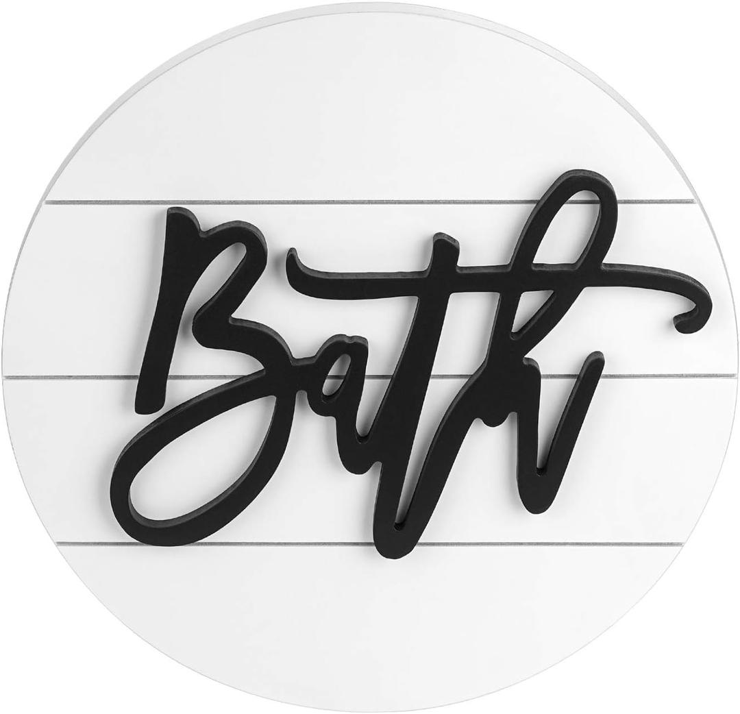 Modern Rustic 3D Bath Sign,Wooden, Handcrafted, Shiplap Farmhouse Bathroom Round Sign for Wall Hanging Dcor for Home (White)