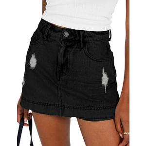 BISUAL Denim Skort for Women High Waist Ripped Mini Denim Skirt Casual Distressed Stretch Women Jean Skirt (Black, XXL)