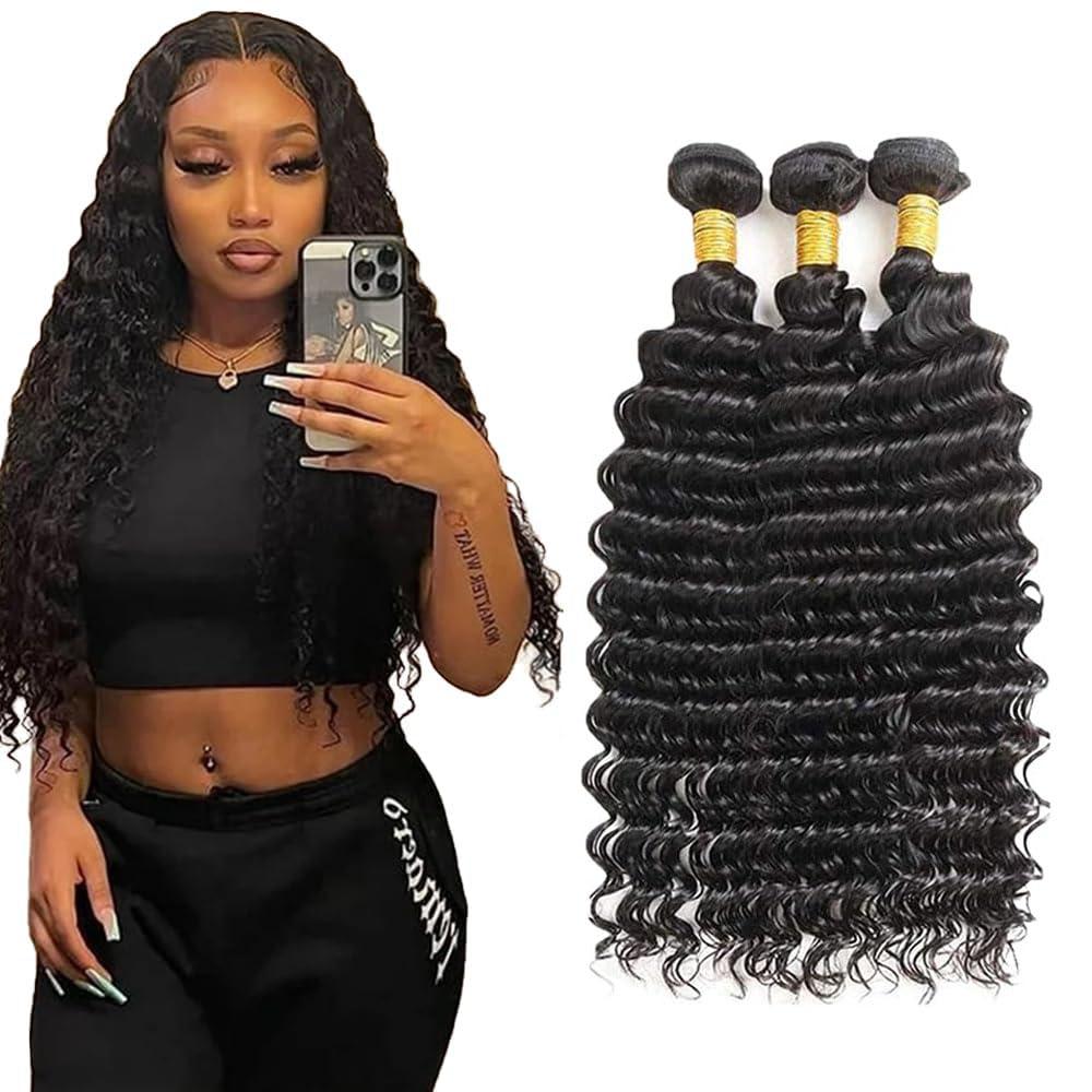 Deep Wave Human Hair Bundles 26 28 30 Inch Unprocessed Brazilian Virgin Wet and Wavy 3 Bundles Human Hair Natural, Black Color