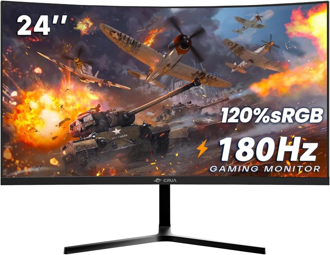 CRUA 24 Curved Gaming Monitor, 180Hz/144Hz FHD 1080P, Support 120% sRGB, AMD FreeSync, Low Motion Blur, Wall Mount Installs Compatible, for Office and Games(HDMI 1.4 & DP 1.2)  Black
