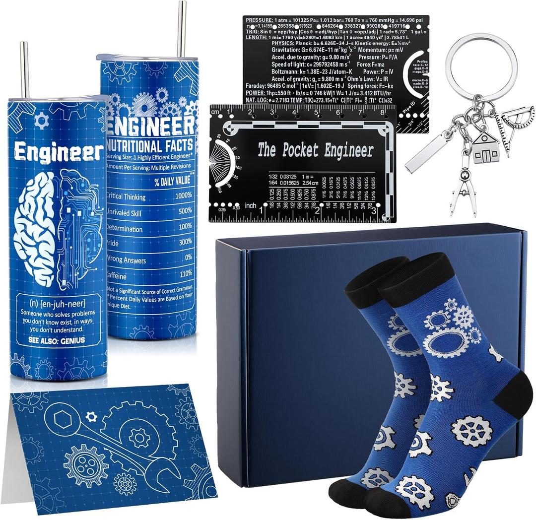 Geiserailie 6 Pcs Christmas Engineer Gifts Set for Men Include Tumbler Cup, Engineering Ruler, Socks, Keychain, Greeting Card, Gift Box for Mechanical Engineering Student Retirement Birthday Gift