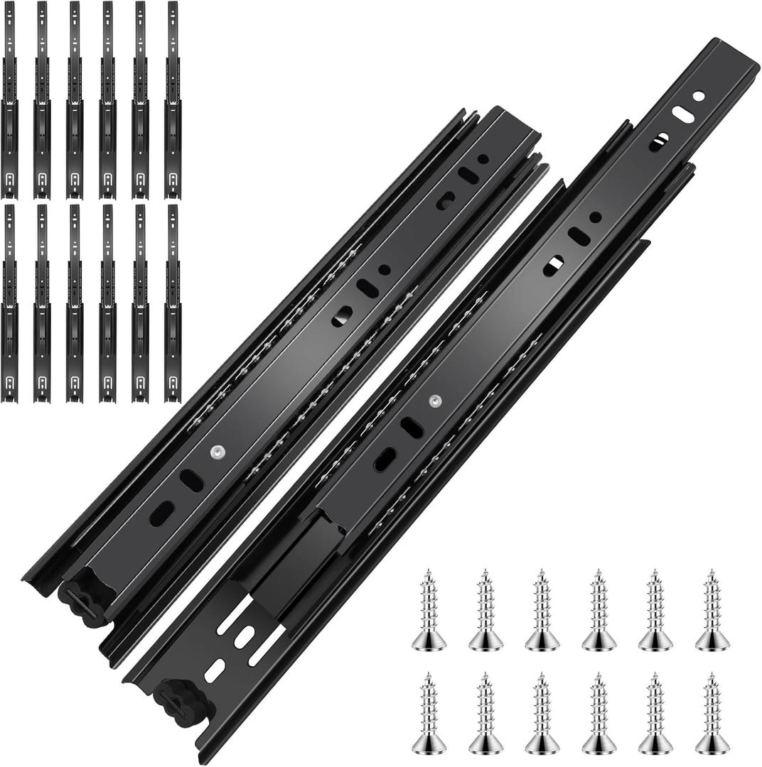 16 inch Ball Bearing Drawer Slides 6 Pairs (12pcs) - 100LB Capacity, Full Extension Side Mount Slides for Kitchen Cabinets, Wardrobes, Office Furniture (Black 16inch)