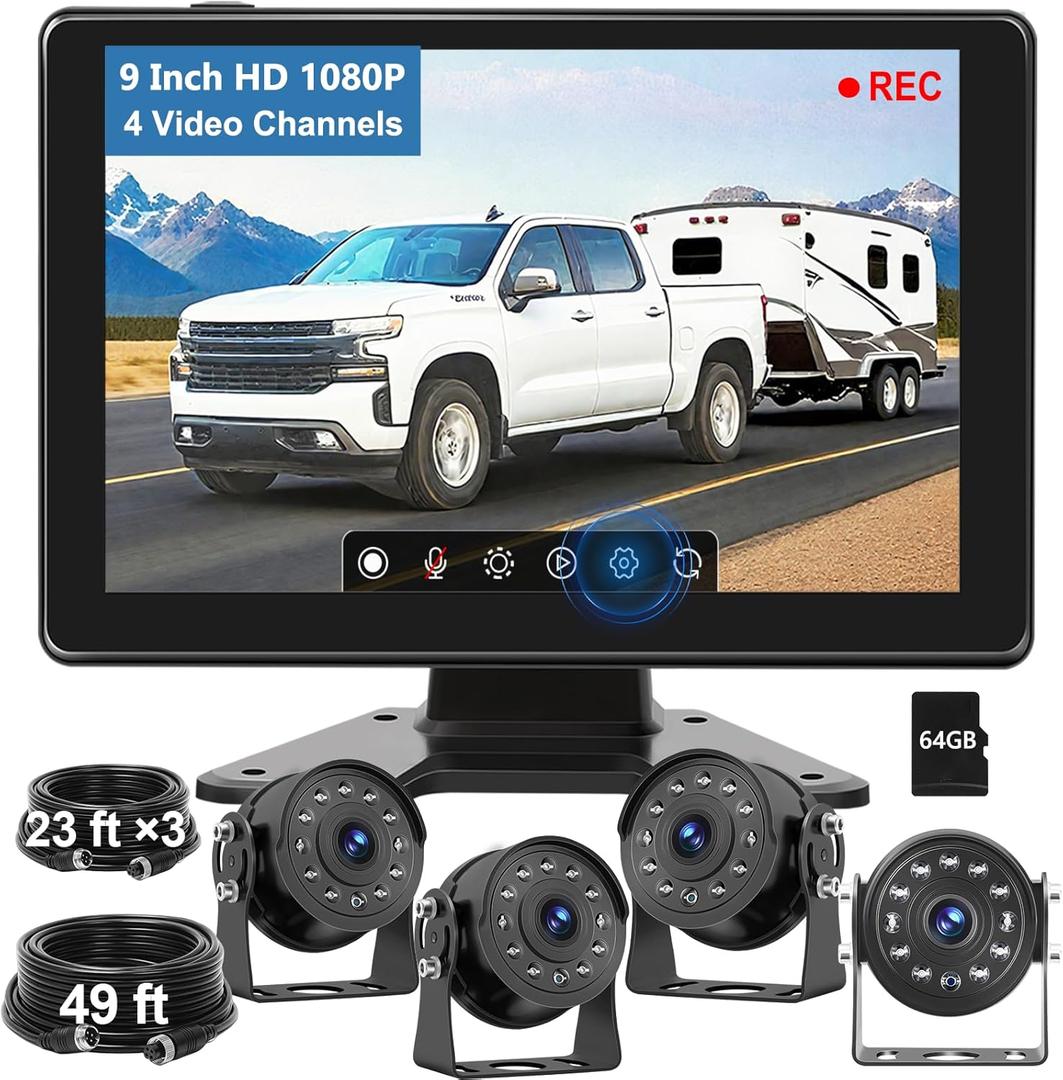 1080P 4-Wired Backup Camera System for RV/Truck, 9" HD Touch DVR Recording IPS Quad Split Monitor, 64GB Card Side Rearview Camera for Trailer/Tractor/Bus/Heavy Equipment, Waterproof IR Night Vision