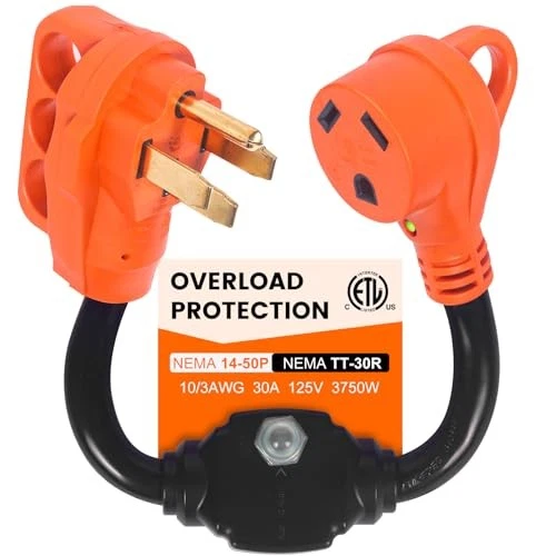 Overload Protector 50 Amp to 30 Amp RV Adapter with Circuit Breaker, NEMA 14-50P to NEMA TT-30R Electrical Power Adapter with LED Power Indicator, RV Dogbone Adapter Cord, 18 Inch, ETL Listed