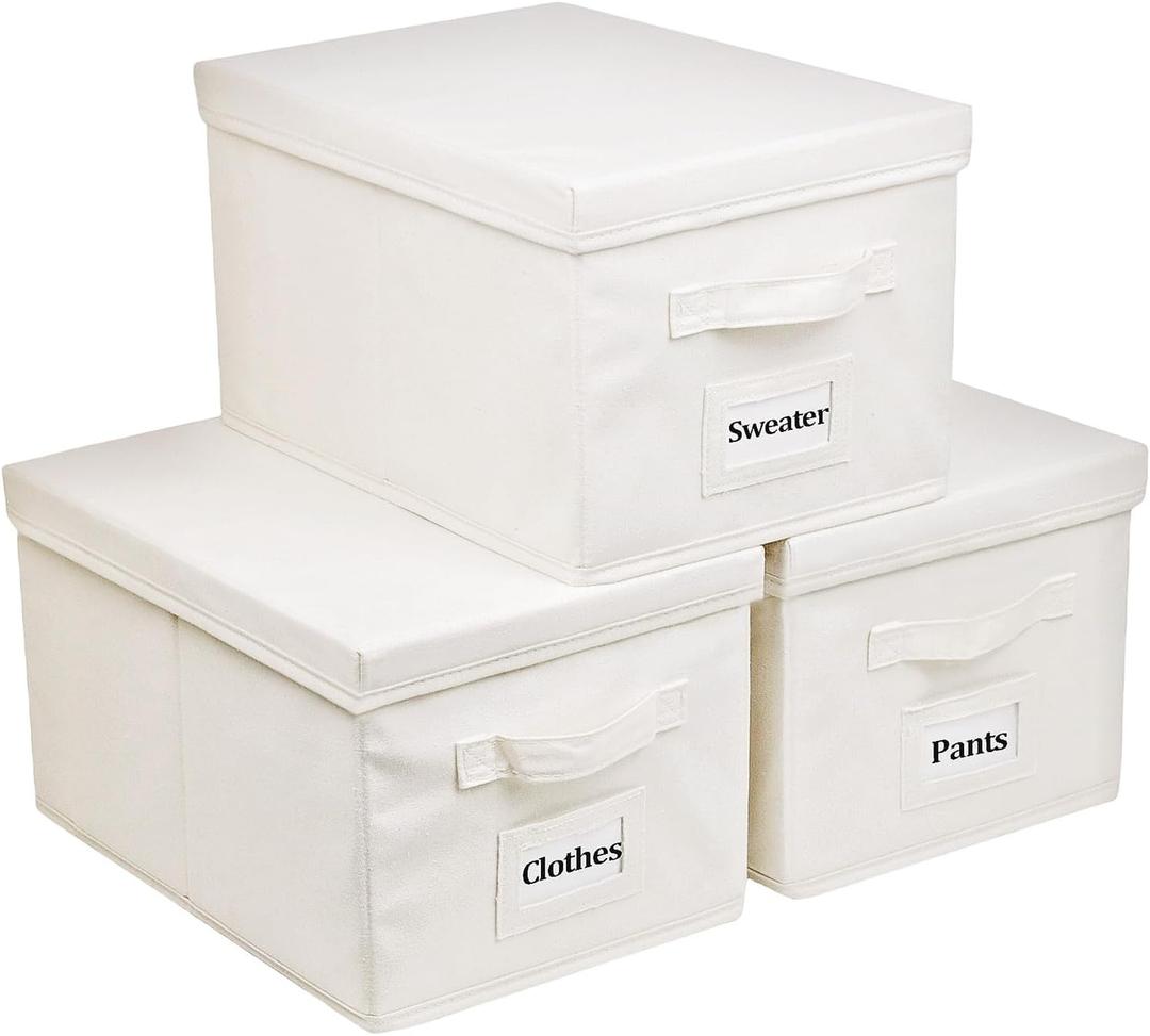 3 Pcs Closet Storage Bins with Lids & Lable & Handles, 15" 22 Quart Collapsible Fabric Stackable Storage Bin Cube Organizer Lidded Organizing Boxes Storage Containers (Large-3 Pack, Beige)