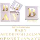 Baby Shower Boxes Party Decorations - 4pcs Stereoscopic White Gold Boxes with Gold Baby+A-Z Letters,Babe Balloon Party Box Blocks for Teddy Bear BabyShower,Boy Girl 1st Birthday Parties Backdrop