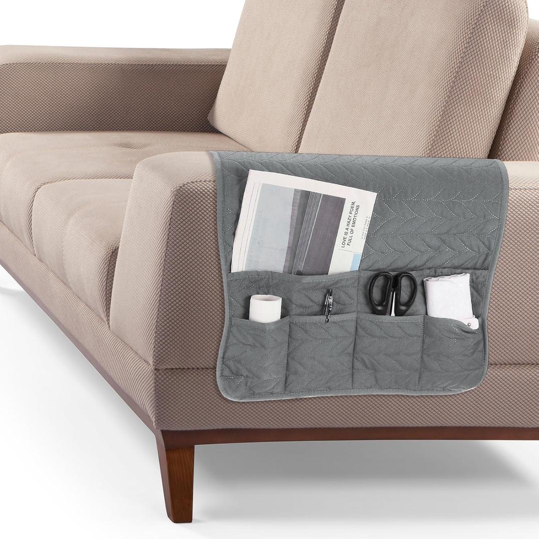 uxcell Couch Sofa Armrest Organizer Non-Slip Chair Arm Recliner Remote Control Organizer with 6 Pockets for Books, Magazines, Tablet, Phone, Dark Gray