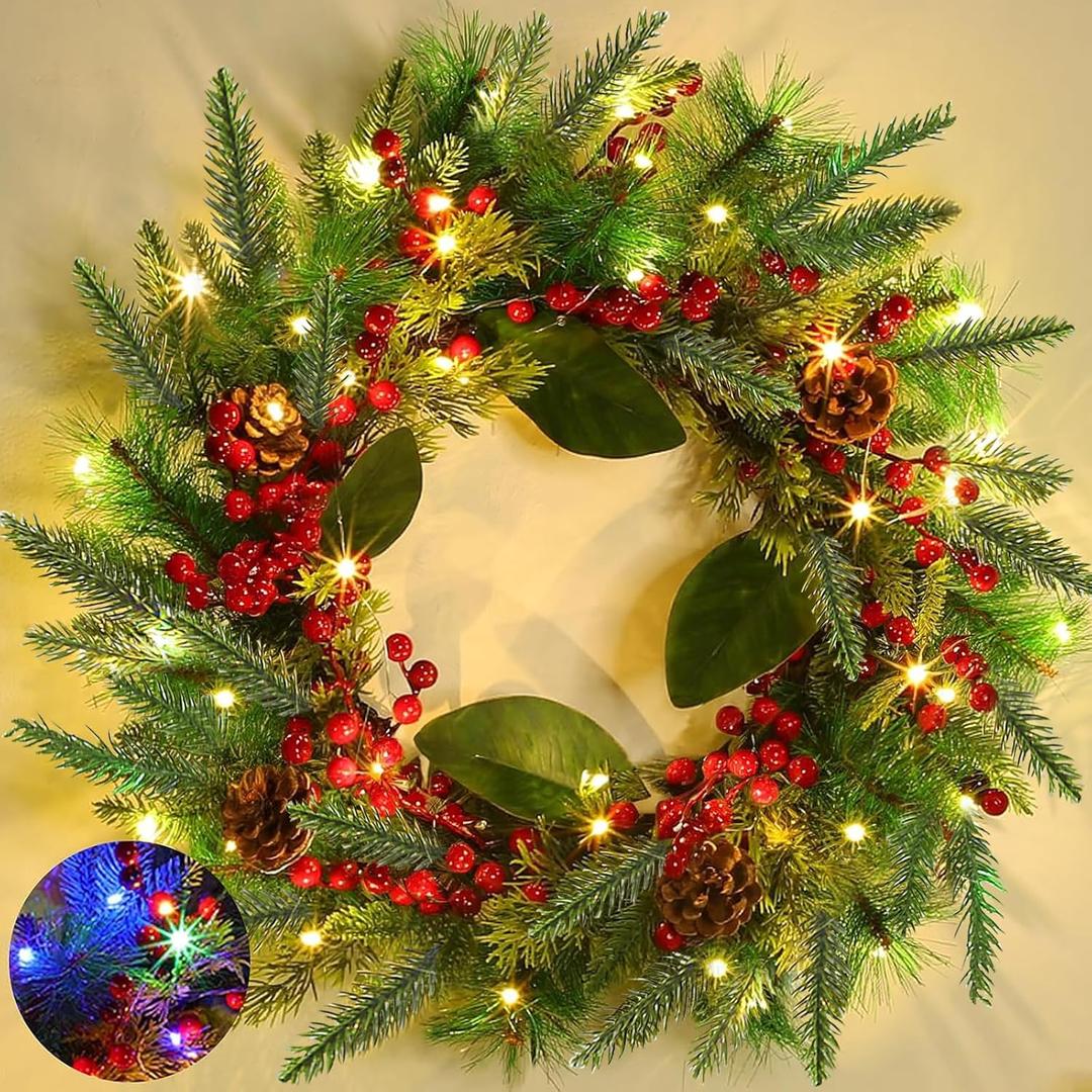 20 Inch Pre-Lit Christmas Wreath, Lighted Christmas Wreaths for Front Door Timer 8 Modes 30 Warm White&Colored Changing Lights 4 Pine Cones 12 Red Berried Xmas Wreath for Home Door Wall Indoor Outdoor