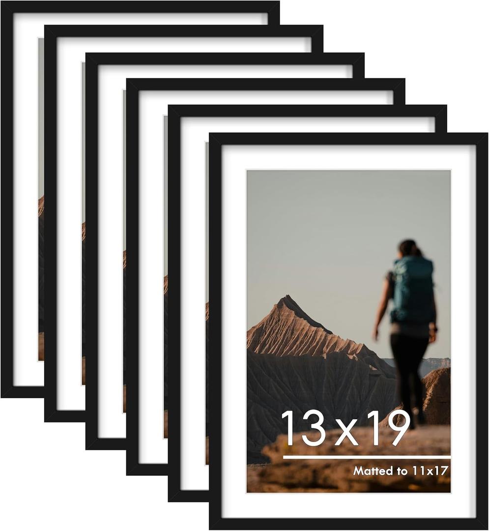 PEALSN 13x19 Picture Frame Set of 6, Display Pictures 11 x 17 with Mat or 13 x 19 without Mat for Wall Mounting Display, Poster Frames Collage for Wall Decor, Black.