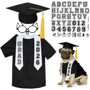 6 Pcs Dog Cat Graduation Cap and Gown Include 2026 Pet Graduation Gown Stole Puppy Grad Cap Lensless Glasses DIY Letter Stickers for Dogs Cats Holiday Costume Accessory (Black, Medium)