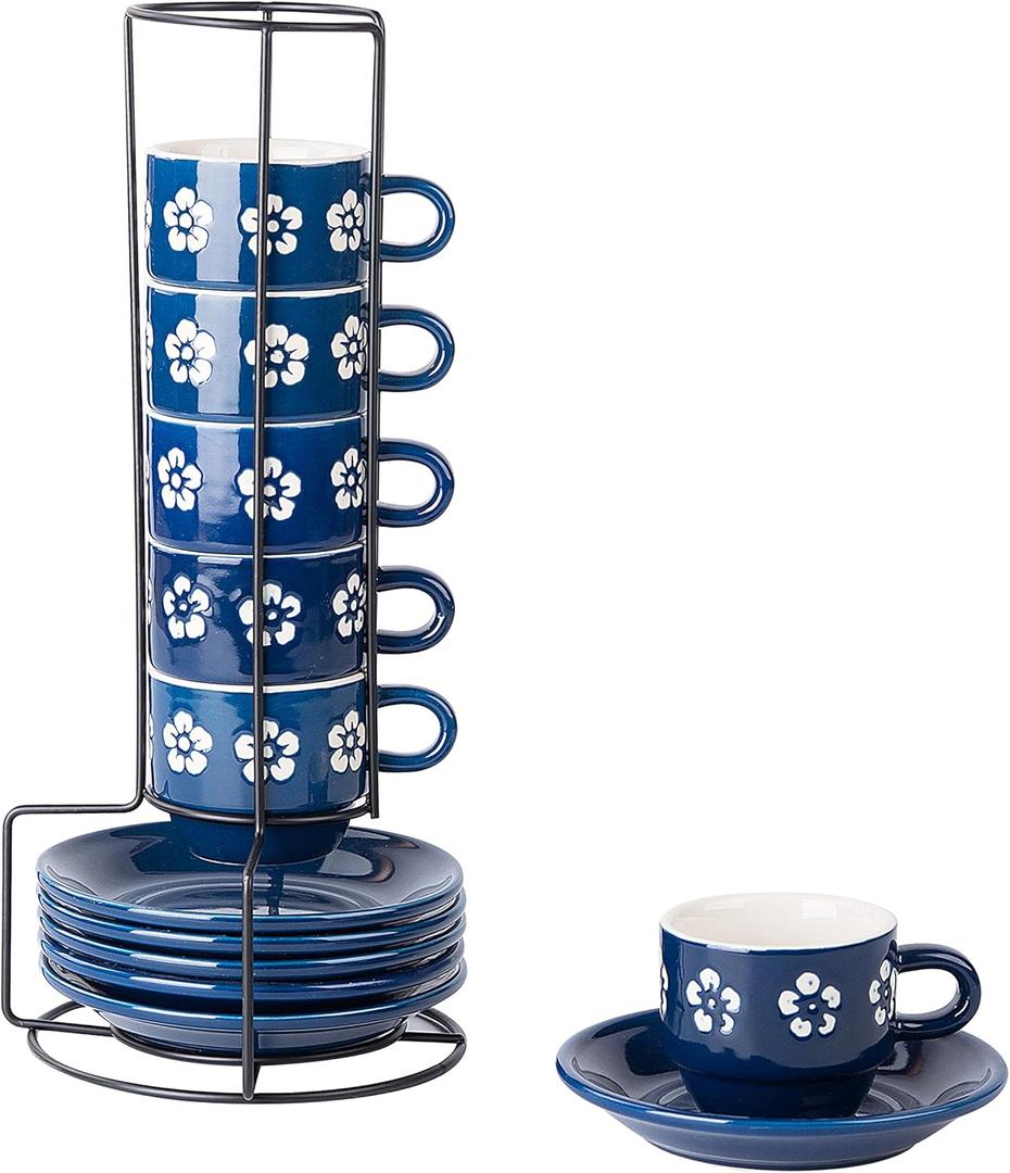 6-pieces Espresso Cups with Saucers and Metal Stand Stoneware Cup & Saucer Sets, Stackable espresso mugs, 4oz coffee cups set, Set of 6, Blue