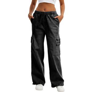 HVEPUO Womens High Waisted Cargo Pants Y2K Baggy Wide Leg Casual Stretchy Jeans for Women Streetwear Pull On Trousers Pants (Medium, Black)
