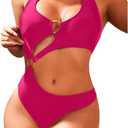 Women One Piece Swimsuit Slimming Cutout Fashoin Swimwear Metal Ring Bathing Suit Female Beachwear (Medium, Rose Red)