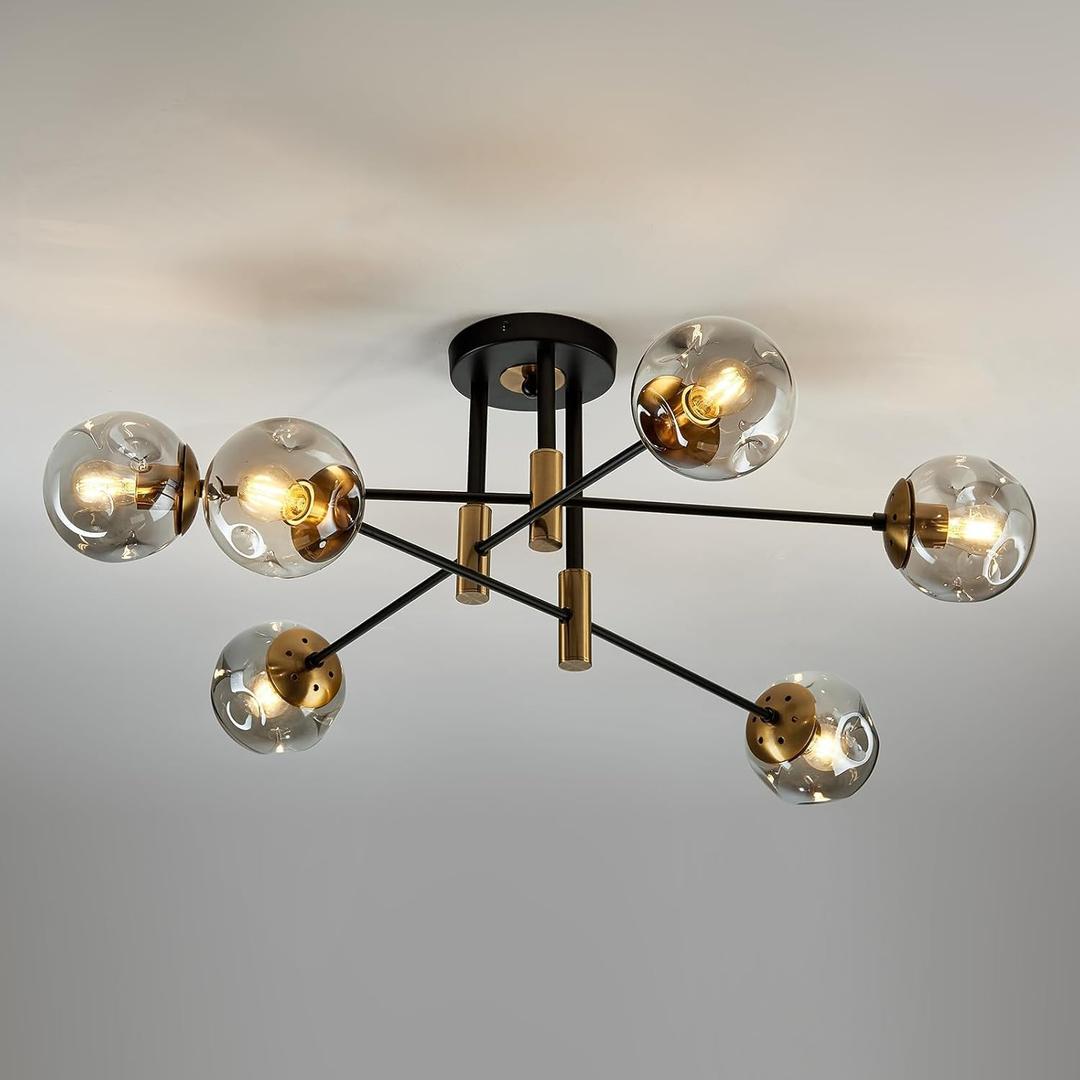 6-Light Glass Globe Sputnik Light Fixture Modern Matte Black and Gold Chandelier Semi Flush Mount Ceiling lamp for Living Room Kitchen Dining Room Farmhouse Bedroom, large