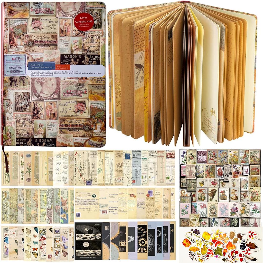 157 Pcs DIY Vintage Journal Set for Women Gifts Scrapbook Diary Supplies including Aesthetic Journals, Scrapbook Paper, Washi Stickers, Scrapbook Stickers (Red Edge)