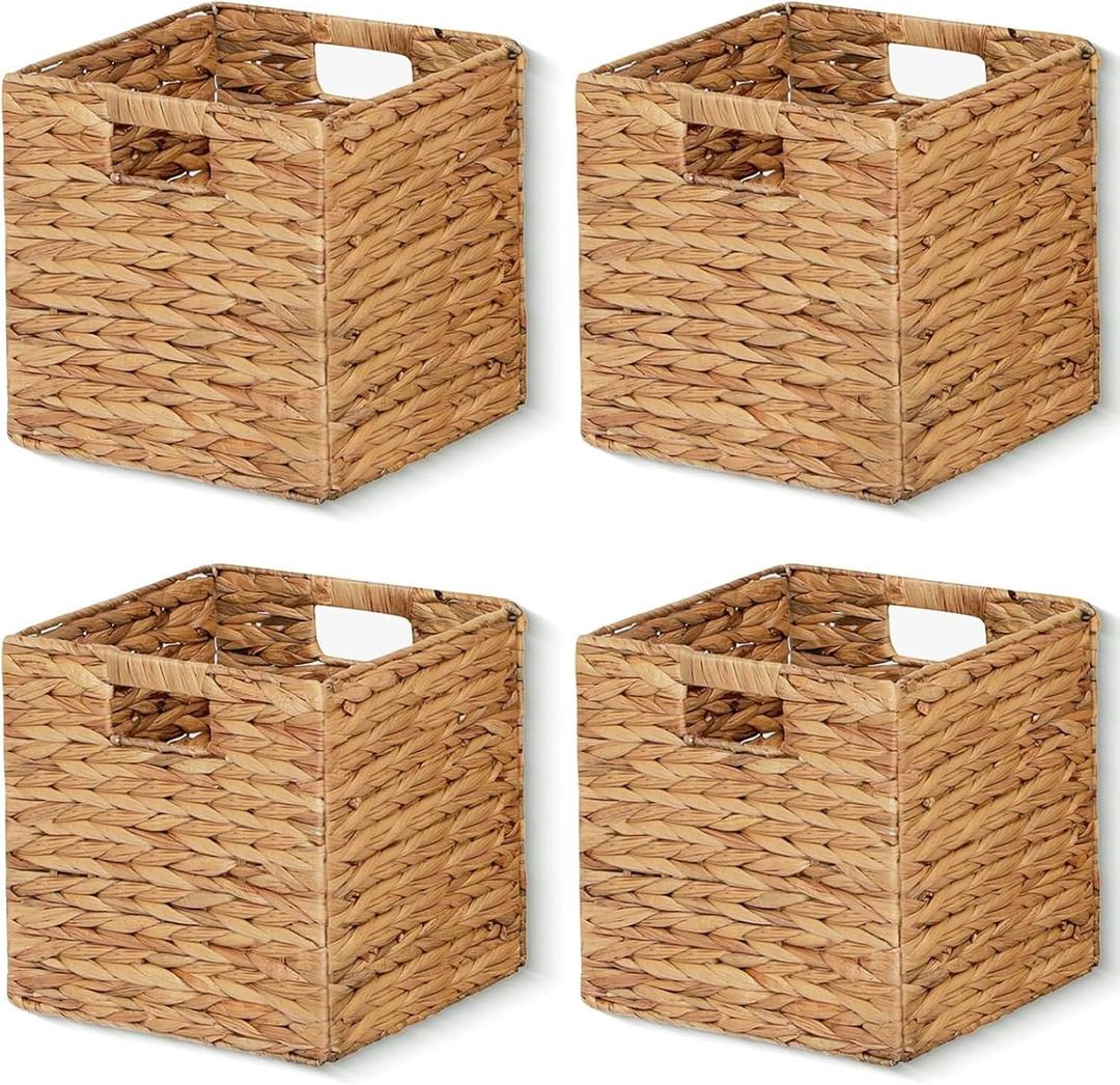 11x11x11in Storage Baskets Wicker Cubes Set of 4 Baskets ,Foldable Water Hyacinth Baskets,Handwoven Storage Baskets for Shelves,Kitchen or Outdoor