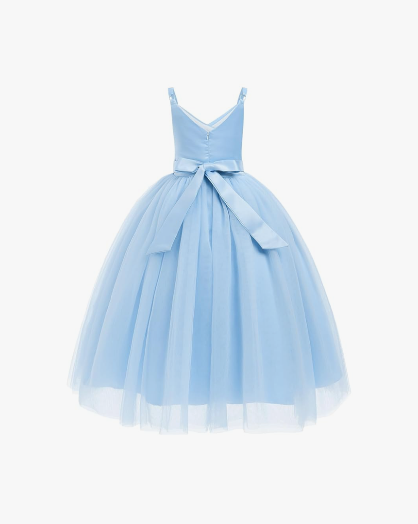 OBEEII Flower Girl Dress for Wedding Pleated V Neck Satin Tulle Princess Dress Junior Bridesmaids Pageant Formal Ball Gown, Size 130