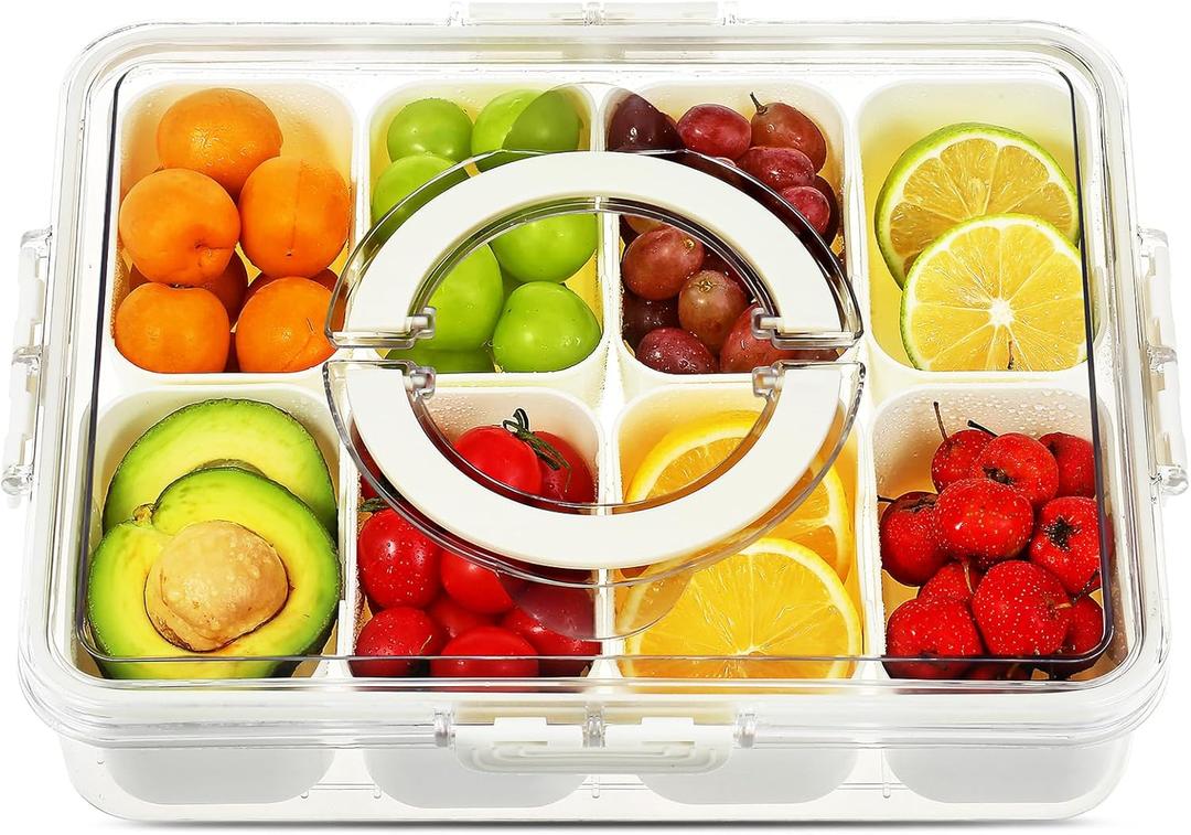 Snackle Box Container with Lid and Handle,8 Compartment Divided Serving Tray-Portable Clear Organizer for Nuts, Fruits, Candy & Veggies-Perfect for Road Trip, Party, Picnic, Camping- 1Pack