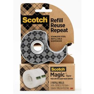 2 x Scotch Stainless Steel Refillable Dispenser and 2 Rolls of Scotch Magic Tape with 66% Plant Based Adhesive, 0.75 in. x 550 in, Invisible Tape, Office Supplies and School Supplies