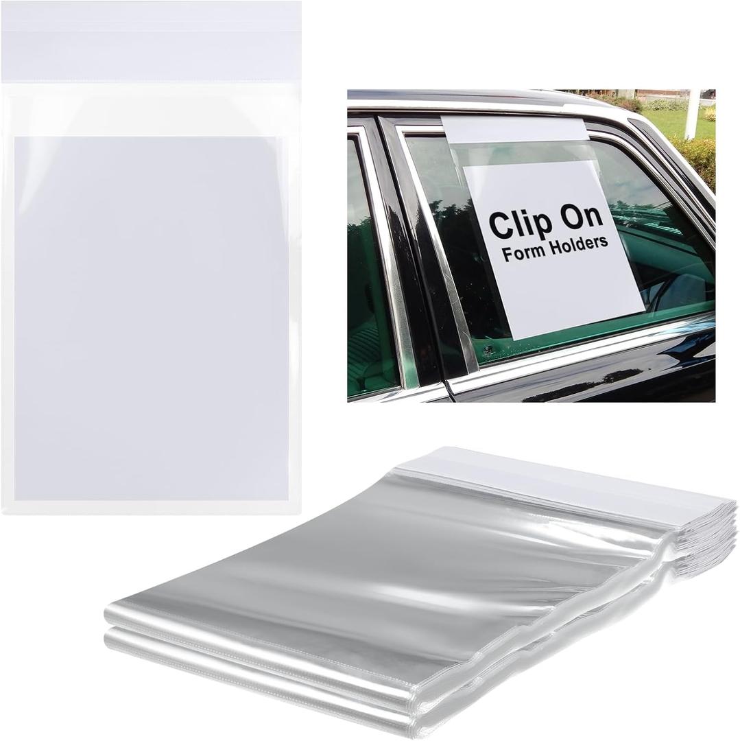 100 Pack Clip on Window Form Holder Buyers Guide Window Hangers Buyers Guide Holder Sleeves 9 x 13 Clear Plastic Pouch Form Hangers for Car Dealership Supplies